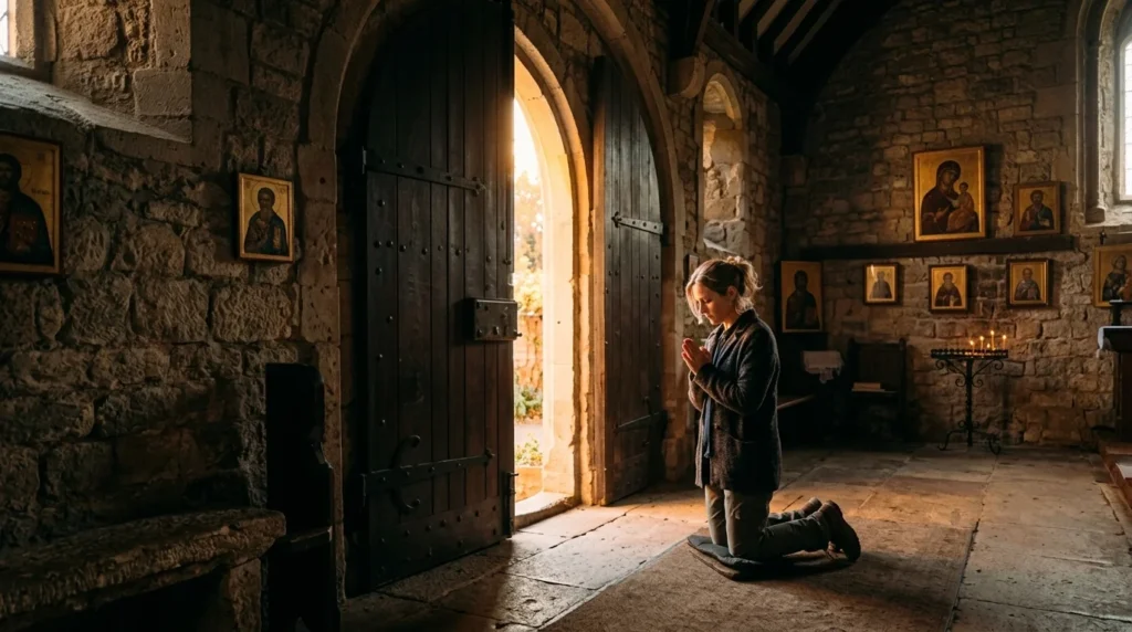 Person kneeling in prayer beside an open door with golden light streaming through