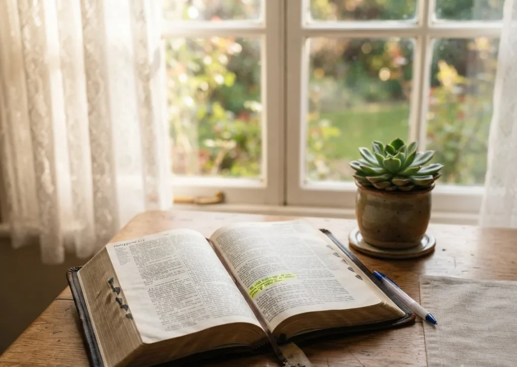 Open Bible with highlighted Philippians 4:19 verse on a wooden table beside a green plant