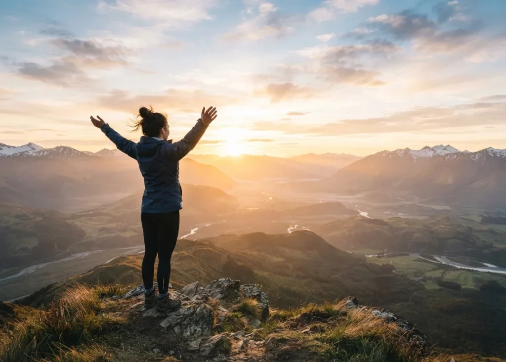 Person standing on a hill at sunrise with arms open looking over a peaceful golden landscape