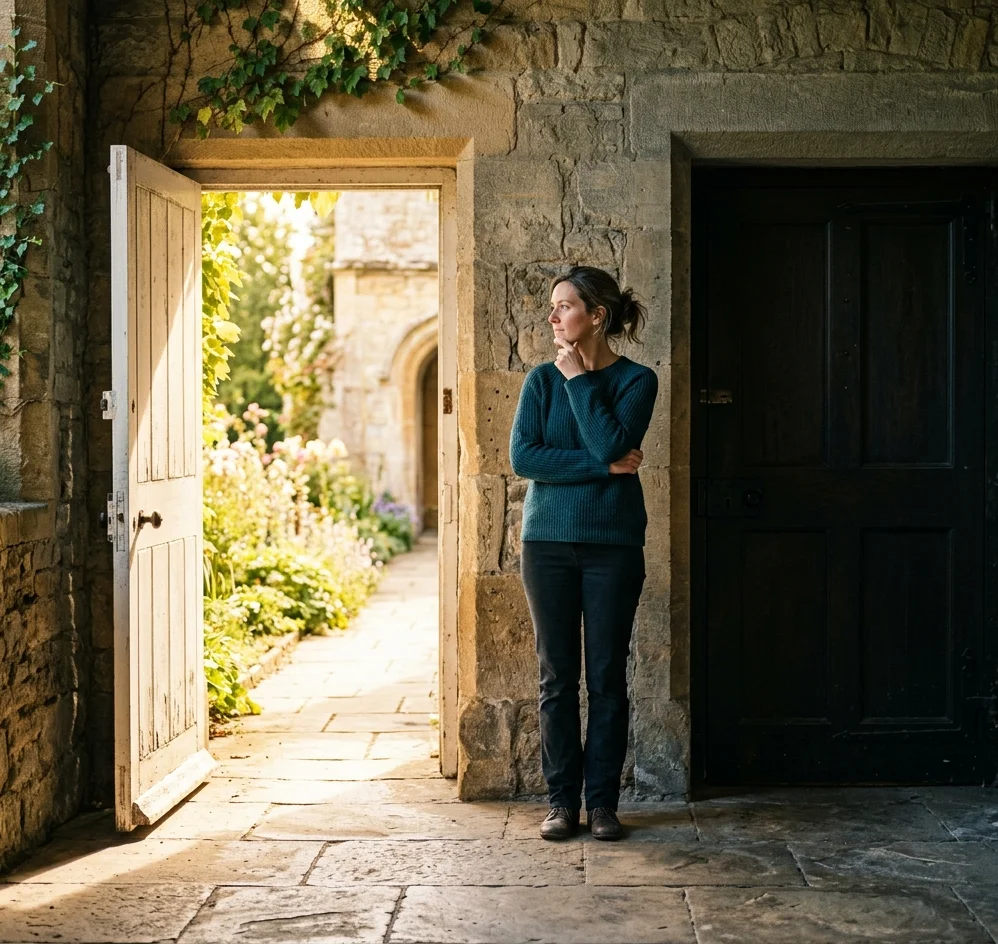 Two doors side by side — one bright and open with sunlight, one dark and closed