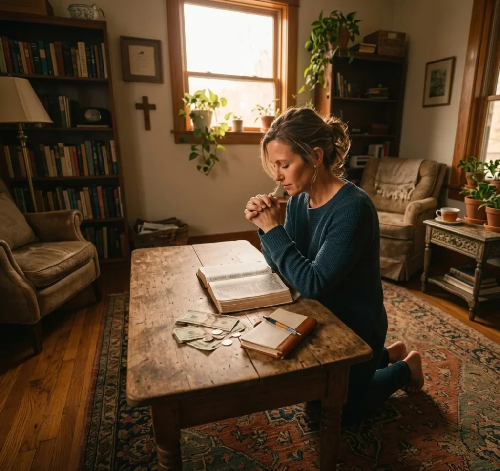 Prayer for Financial Breakthrough Person kneeling in prayer beside an open Bible with financial documents on a wooden table