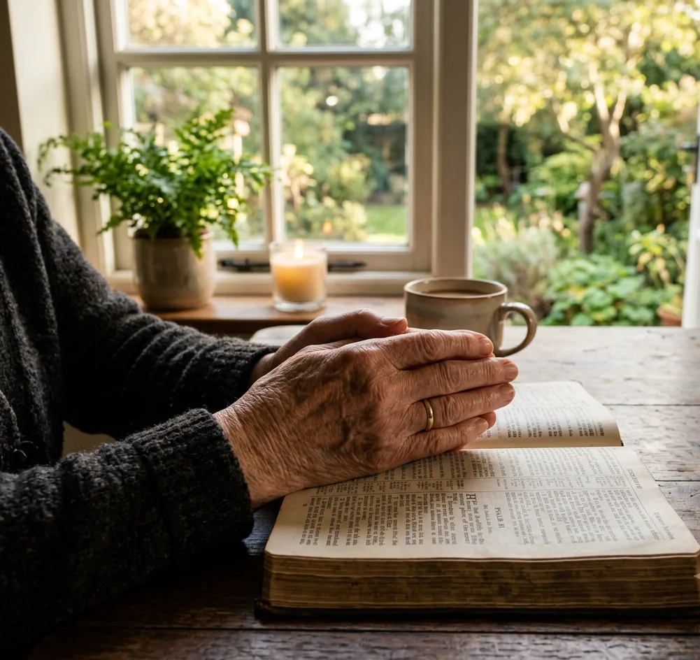 Hands clasped in prayer resting on an open Bible