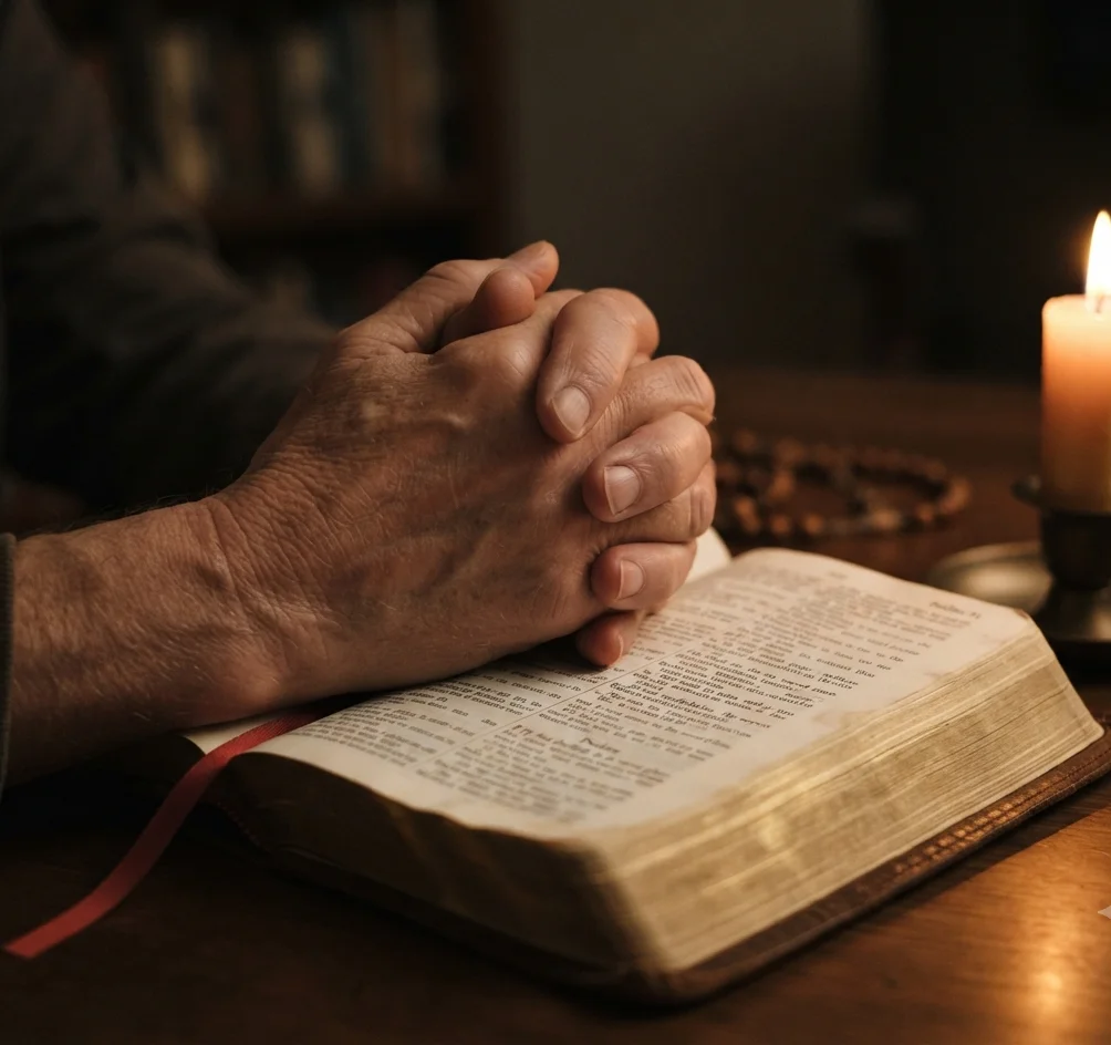 Hands clasped in prayer resting on an open Bible beside a glowing candle