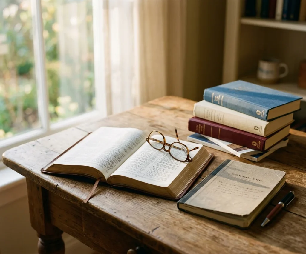 Open Bible beside study books for exam prayer