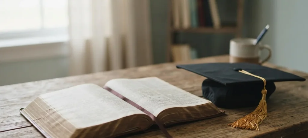 Open Bible beside a graduation cap representing verses for seniors