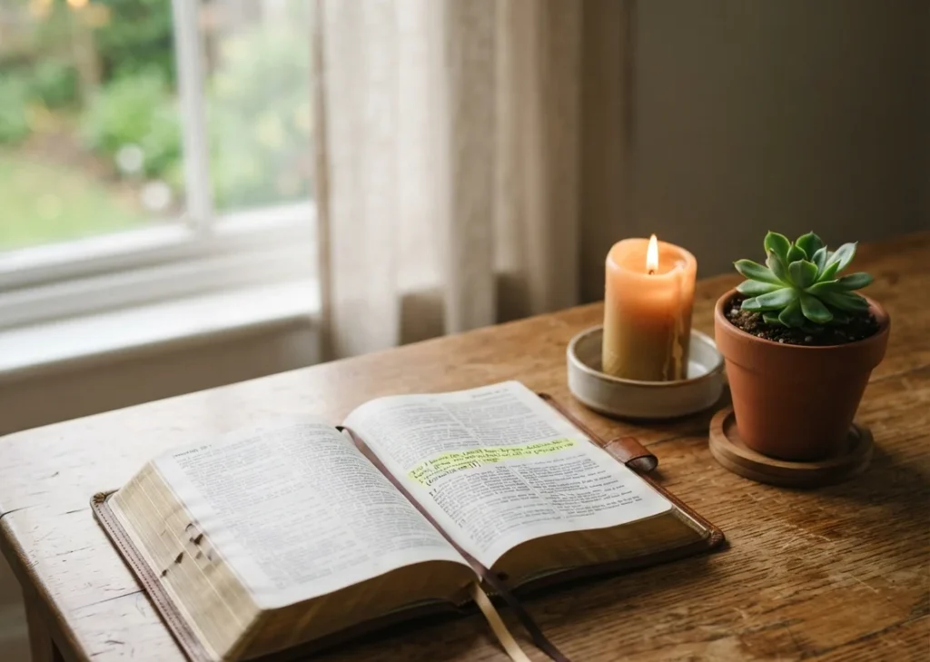 Open Bible with Jeremiah 29:11 highlighted on a wooden table beside a candle and small green plant