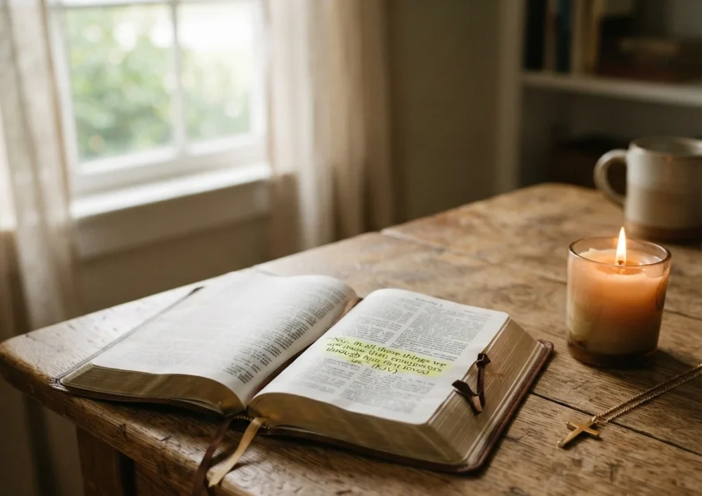 Open Bible with Romans 8:37 highlighted beside a glowing candle and golden cross on a wooden table