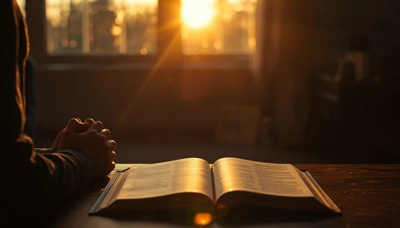 Person praying at sunrise with open Bible — FaithRadiance Christian prayer website