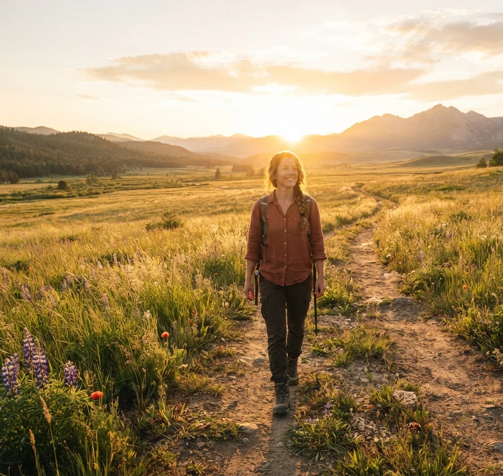 Person walking confidently on a wide sunlit path through an open field at golden sunrise