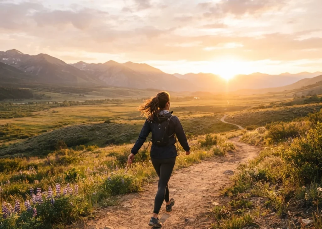 Person walking confidently forward on a wide open path toward golden sunrise light