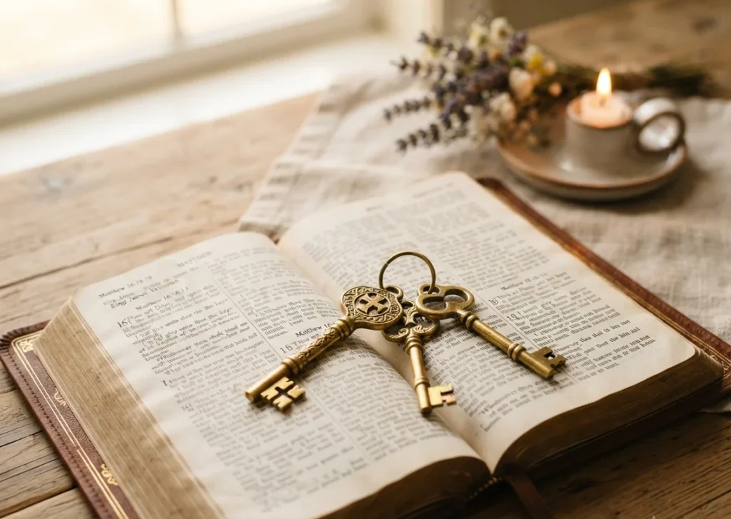 Golden keys resting on an open Bible with warm light from above