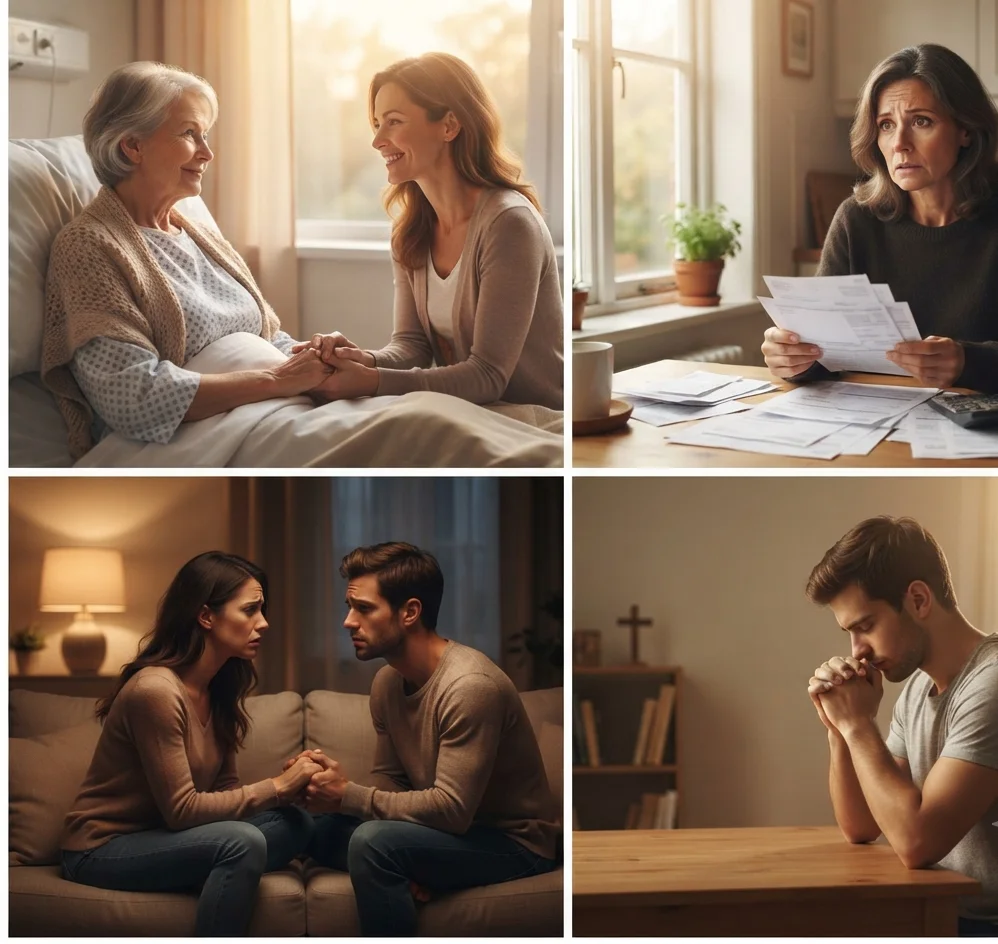 Four people in urgent situations — hospital, finances, family conflict, and prayer — all with hopeful expressions
