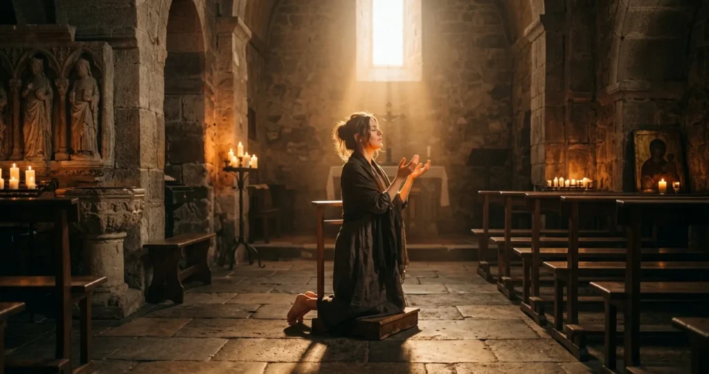 Person kneeling in prayer with hands raised and golden light pouring from above