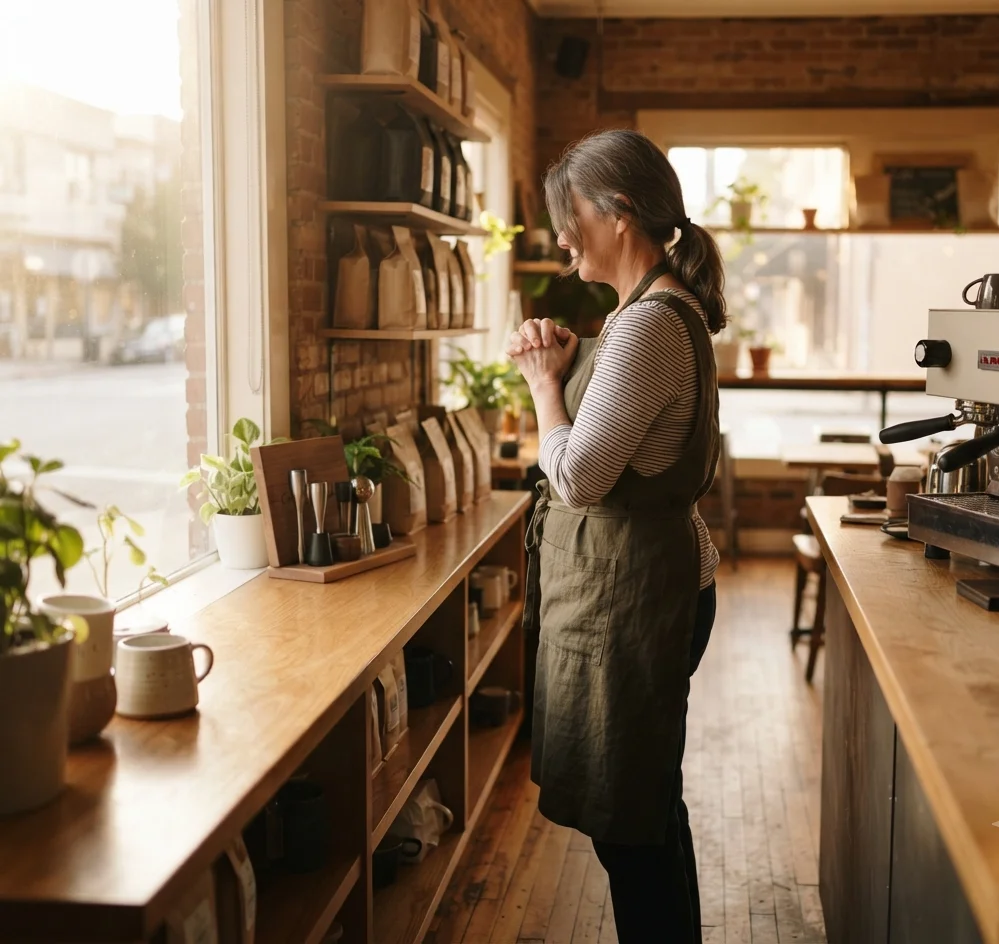 Prayer for Business Growth and Success: Prayers for Increase, Sales, and Favor Prayer for business growth and success — business owner praying quietly before opening