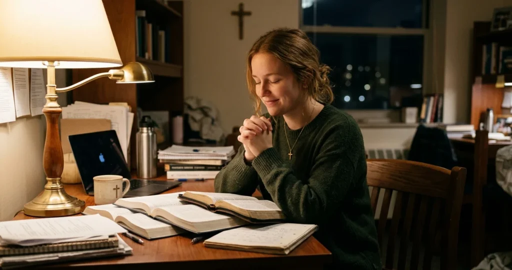 Prayer for Education and Exams: Prayers for Students, Study, Wisdom, and Success Student praying with a Bible before an exam