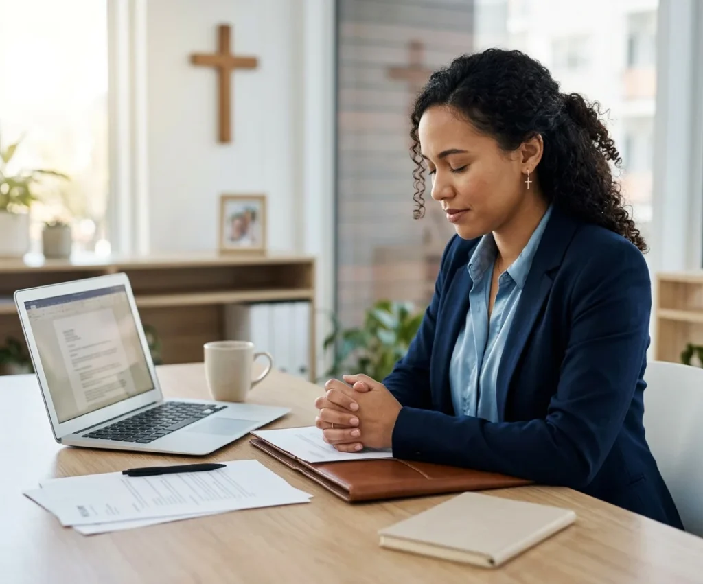 Professional praying during a job search