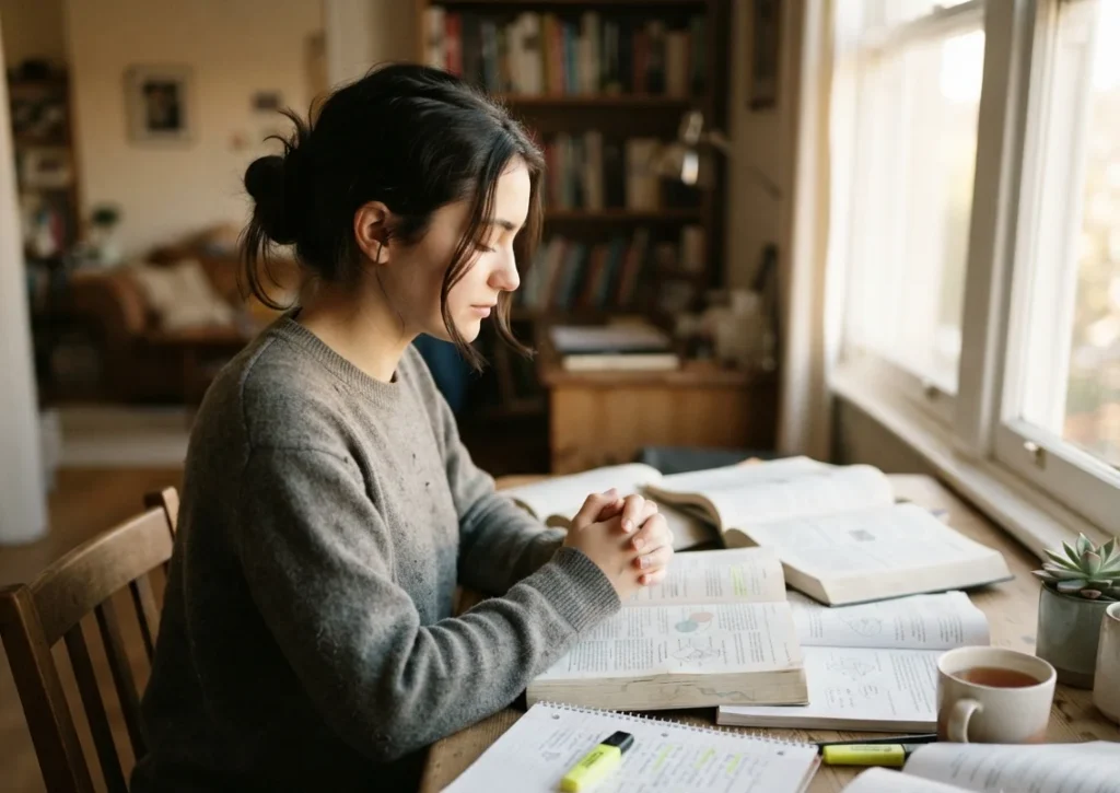 Student praying for understanding while studying