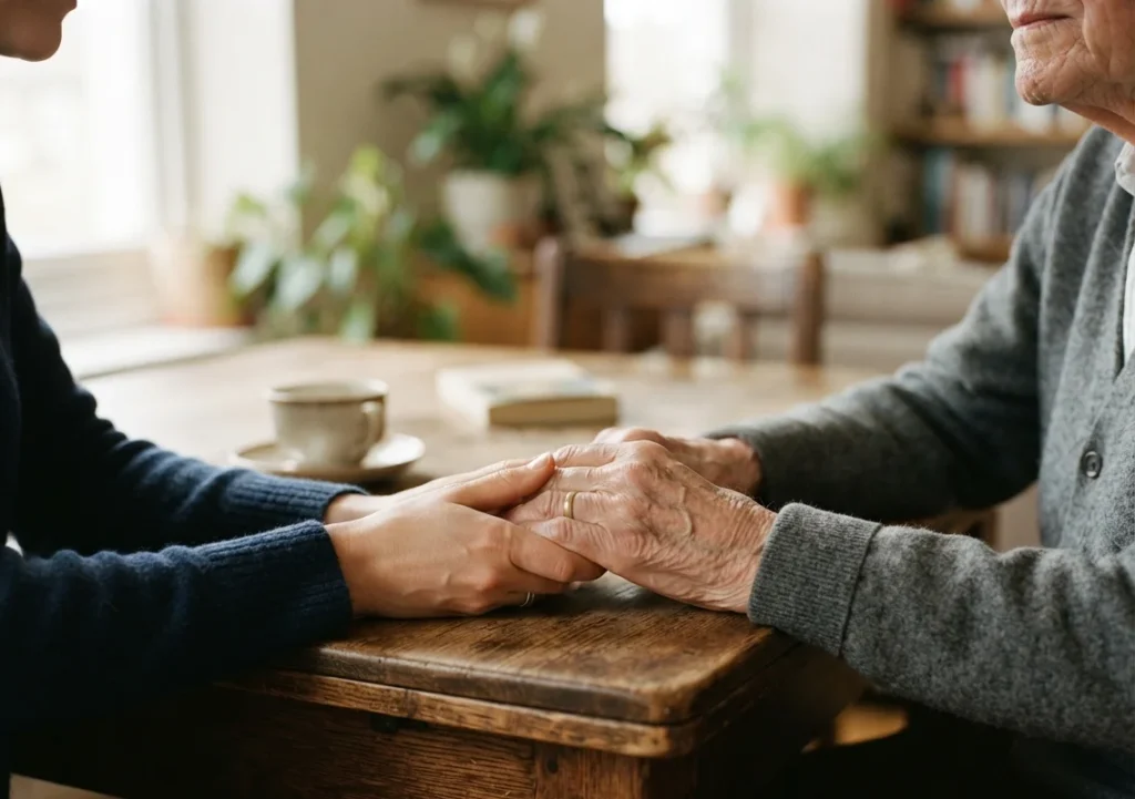 Prayer for parents' health — adult child holding a parent's hand