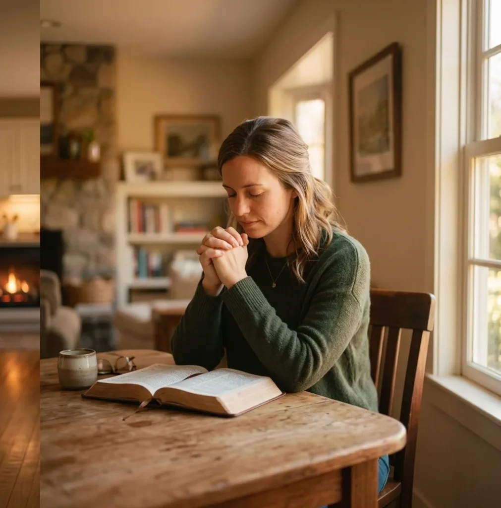 Prayer for Positive Outcome Person sitting in quiet prayer with eyes closed beside an open Bible in soft golden light