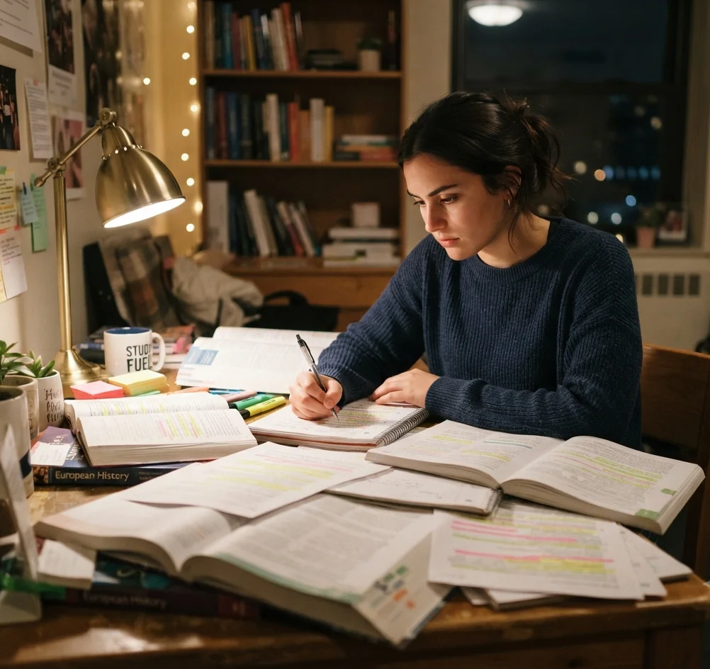 Student praying before an intense exam study session