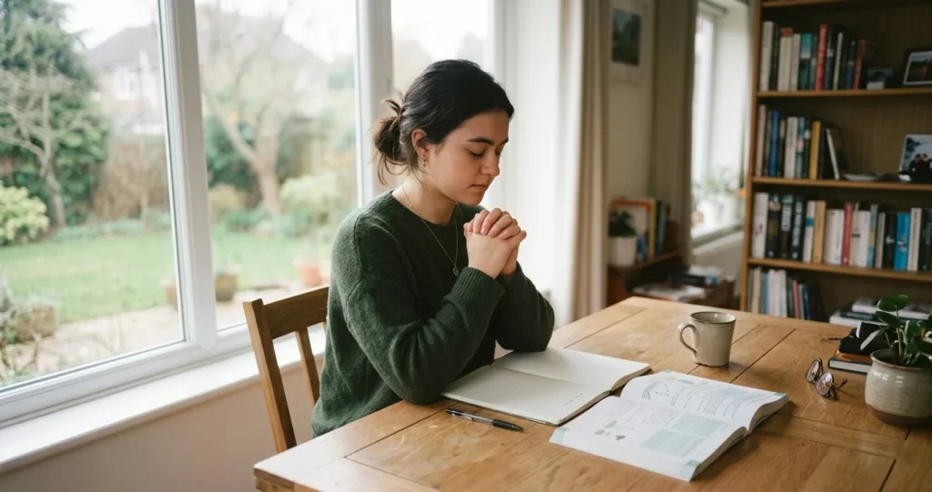 Student praying for focus before a study session