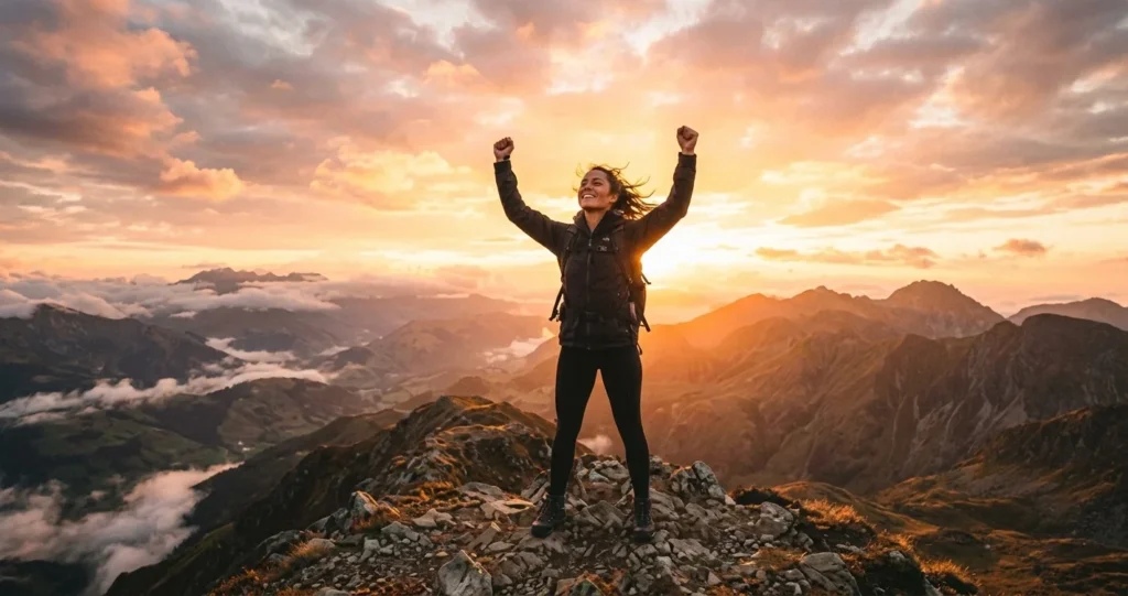 Determined person standing on hilltop with fists raised toward bright golden sunrise sky