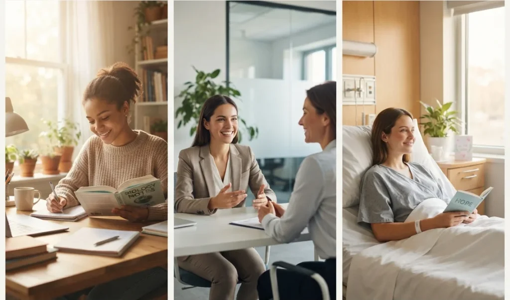 Three people in different life situations — student studying, job interview, and hospital room — all shown with peaceful expressions