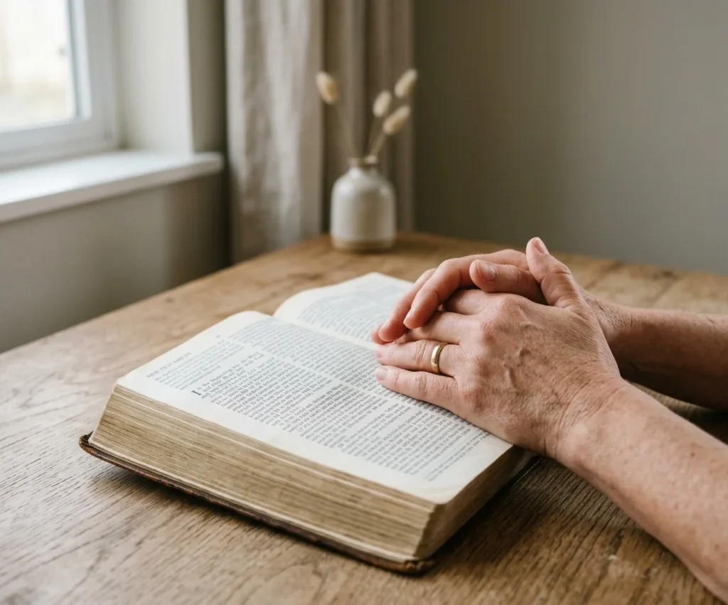 Open Bible with hands resting on pages during prayer for success
