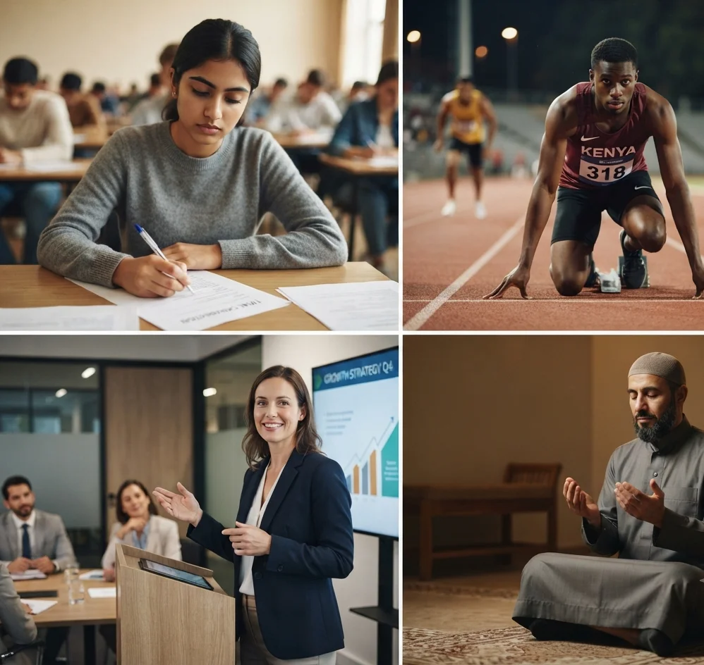 Four people in competitive situations — exam, sports, work presentation, and prayer — all with focused confident expressions