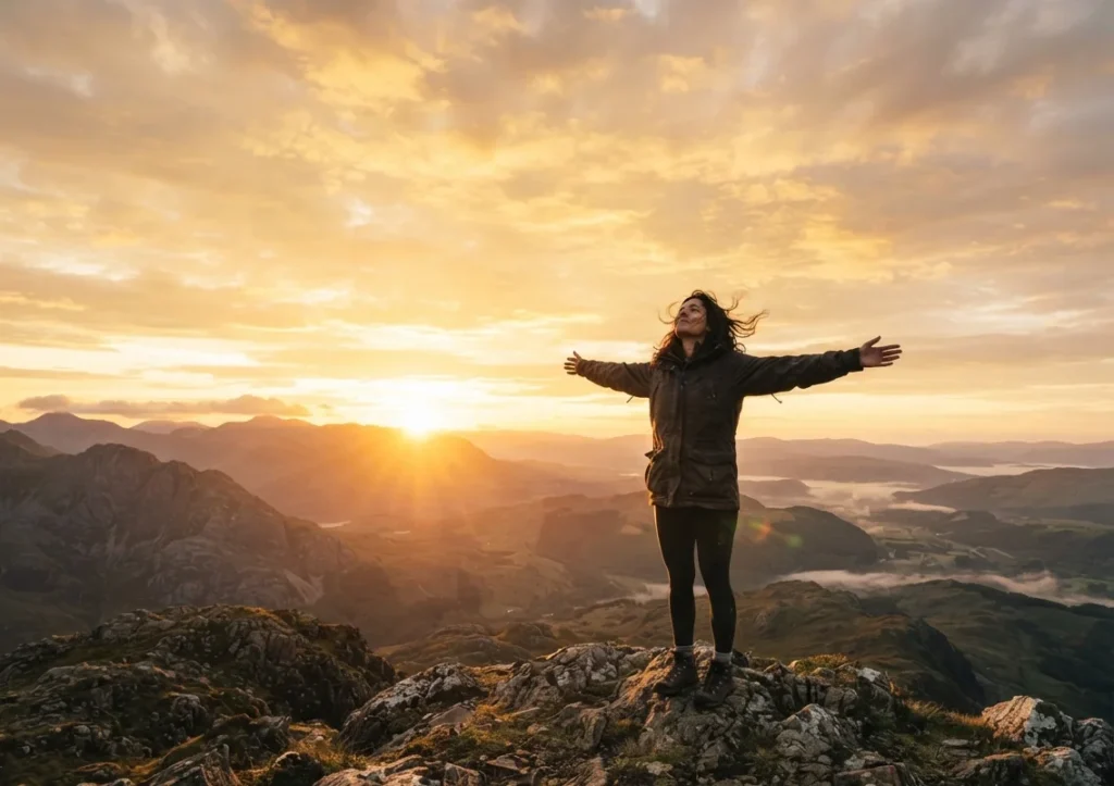 Person standing on hilltop at sunrise with arms open looking up toward bright golden sky