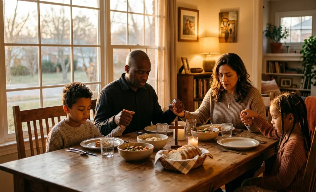 Family praying together at home for protection, unity and blessing