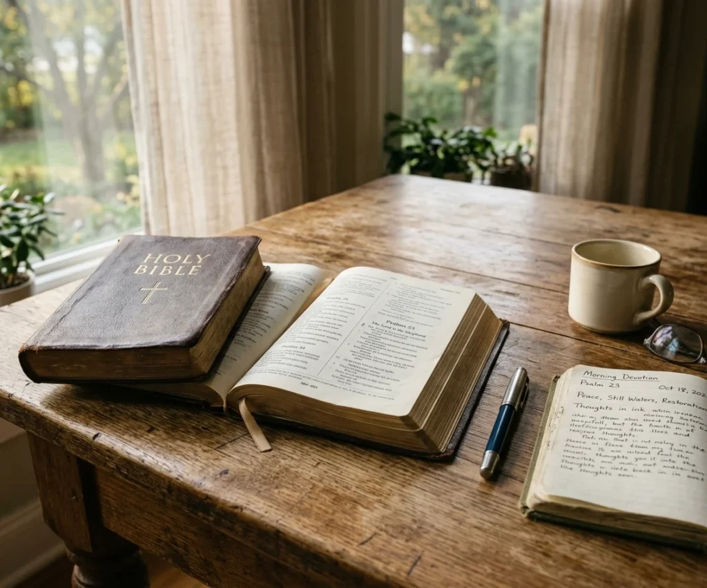 Open Bible with morning light, used for daily prayer verses for him