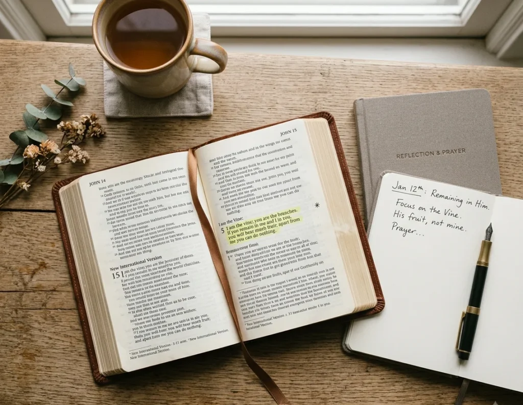 Open Bible with highlighted verse next to a notebook and pen