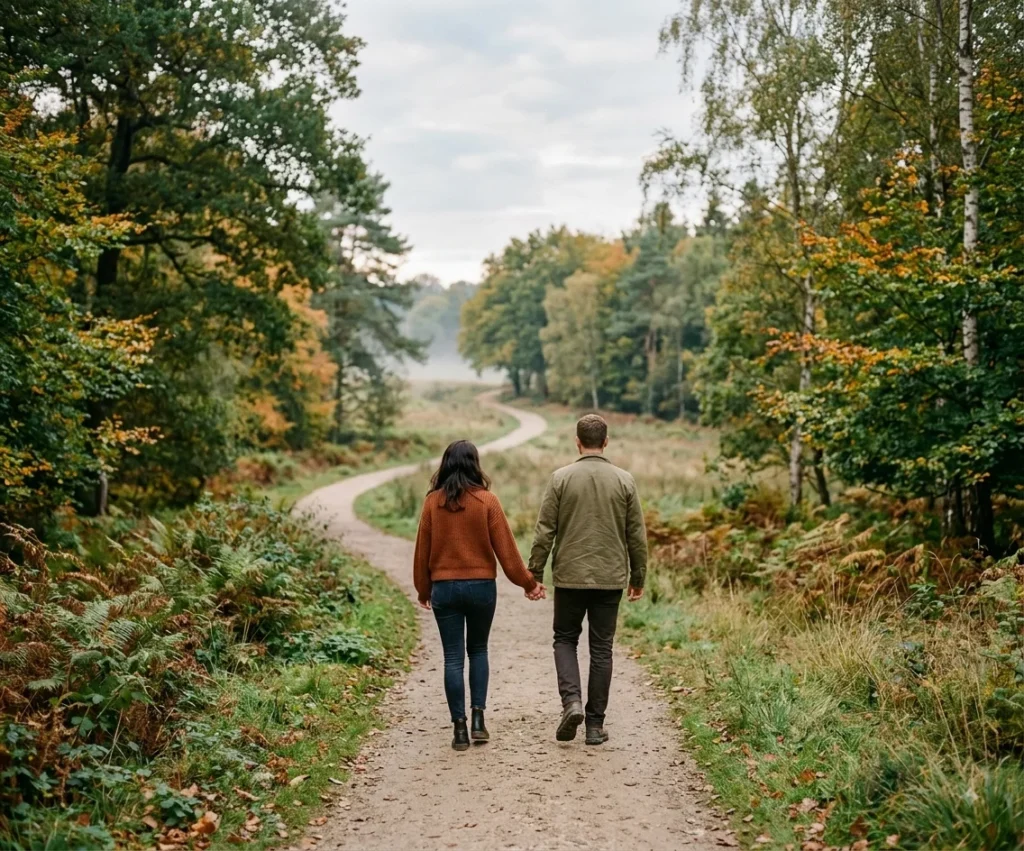 Couple walking hand in hand on a quiet outdoor path