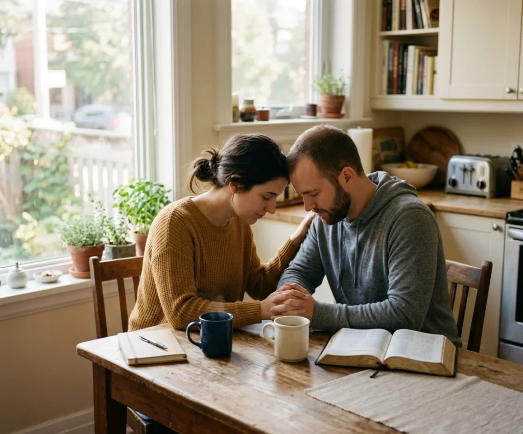: Married couple praying together at the kitchen table