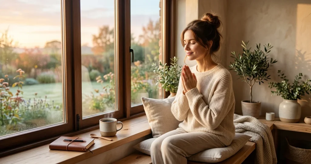 Woman praying quietly in morning light for the man she loves