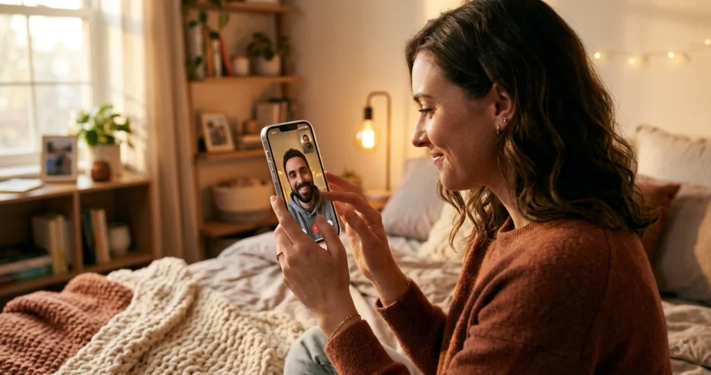 Couple on a video call praying together despite long distance