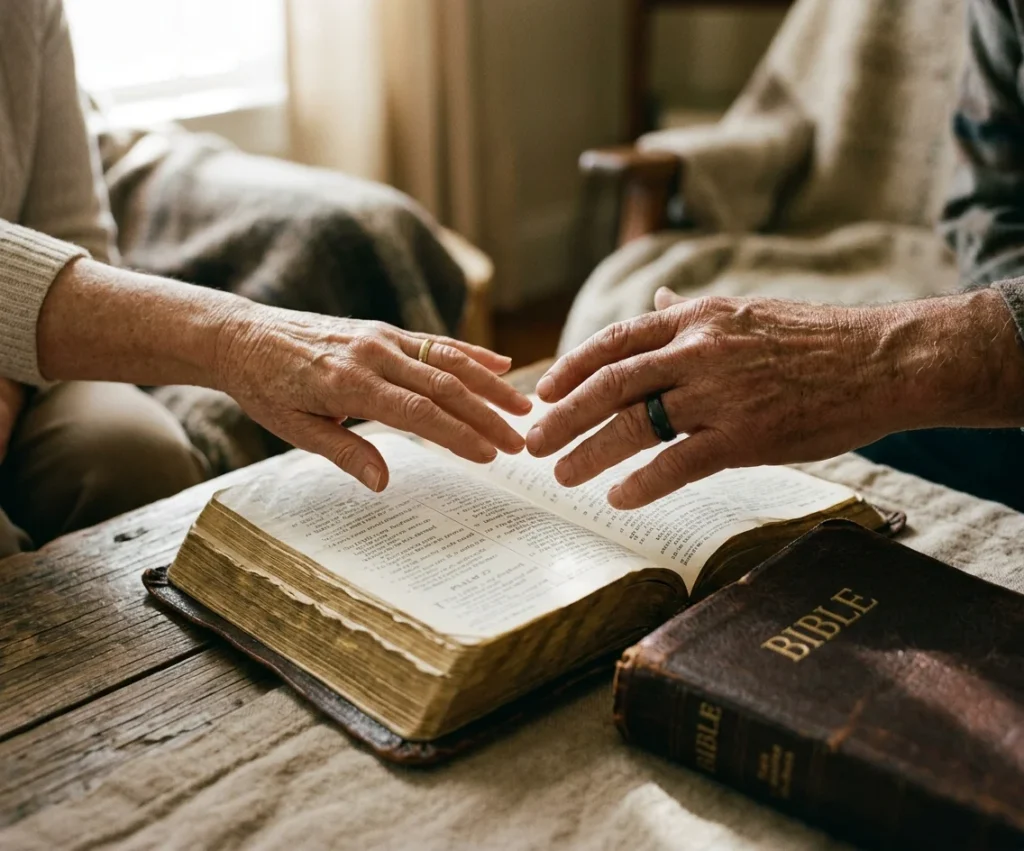 Two hands reaching toward each other over an open Bible