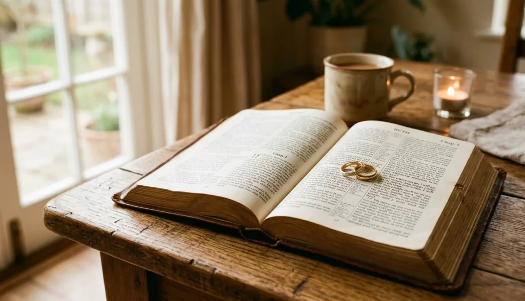 Open Bible with wedding rings for marriage restoration verses