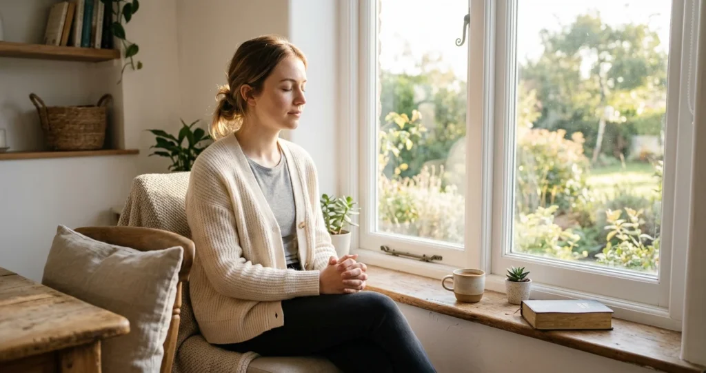 Woman praying quietly by a window for her future husband