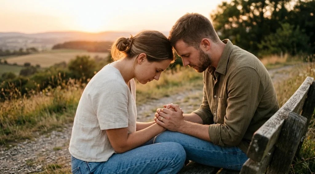 Image 1 — Hero Image 📍 Placement: H1 ke turant baad, intro paragraph se pehle File name: prayer-for-newly-married-couple-hero.jpg Alt text: prayer for newly married couple at sunset Title: newly-married-couple-praying-together Caption: A newly married couple pausing to pray together. Description: A warm, candid photo of a young husband and wife holding hands and praying outdoors during golden hour, symbolizing unity and faith at the start of marriage. Image prompt: "A young married couple sitting close together outdoors at golden hour, heads bowed in prayer, holding hands, warm soft natural light, candid realistic photography style, no text overlay" Image 2 — Quick Answer Text Card (includes prayer text) 📍 Placement: right after the Quick Answer prayer blockquote (end of "Quick Answer: Short Prayer for Newly Married Couple" section) File name: short-prayer-for-newly-married-couple-quote-card.jpg Alt text: short prayer for newly married couple text card Title: quick-answer-prayer-newlyweds-card Caption: A short prayer you can save, share, or say together. Description: A shareable quote-card graphic featuring the short prayer for newly married couple in elegant text, designed for saving or sharing on social media. Image prompt: "A minimalist quote card design with a soft cream or blush-pink background, delicate floral or wedding-ring line-art border, elegant serif typography in the center displaying the text: 'Lord, bless this new marriage. Fill their hearts with love, patience, and understanding. Help them grow closer to each other and to You each day. Guide their decisions, protect their home, and give them joy in every season. Amen.' Clean, shareable, Pinterest-style prayer card, no watermark" Image 3 — Bible Verses Table Section 📍 Placement: just above the Bible verses table, under "Bible Verses for Newly Married Couples" heading File name: bible-verses-for-newly-married-couples.jpg Alt text: Bible verses for newly married couples Title: bible-open-verses-newlywed-prayer Caption: Bible verses to guide prayer for newlyweds. Description: An open Bible resting on a wooden table in warm natural light, representing scripture-based prayers for newly married couples. Image prompt: "An open Bible on a wooden table with soft window light, a small potted plant beside it, cozy and calm home setting, no text or watermark" Image 4 — Daily Prayer Routine Section 📍 Placement: just above the 6-step list under "Daily Prayer Routine for Newly Married Couples" File name: daily-prayer-routine-newly-married-couple.jpg Alt text: daily prayer routine for newly married couple Title: daily-prayer-routine-newlywed-couple Caption: A simple daily prayer routine for newlyweds. Description: A newly married couple sharing a quiet morning prayer moment at home, illustrating a simple daily prayer routine they can build together. Image prompt: "A couple sitting on a couch at home in the morning, coffee cups nearby, one holding a small journal or Bible, relaxed and cozy morning routine, soft daylight, realistic photography"