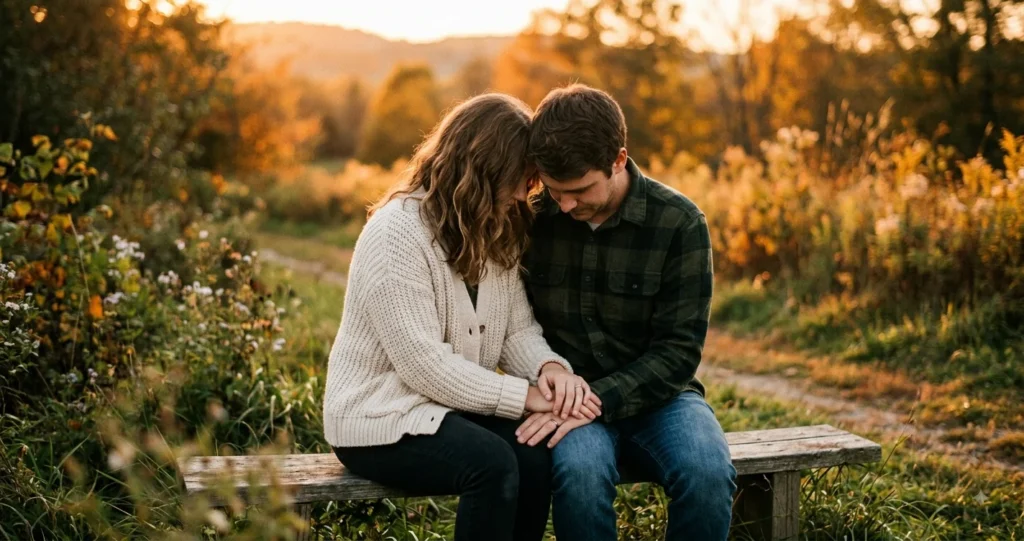 Couple praying together outdoors during golden hour, holding hands