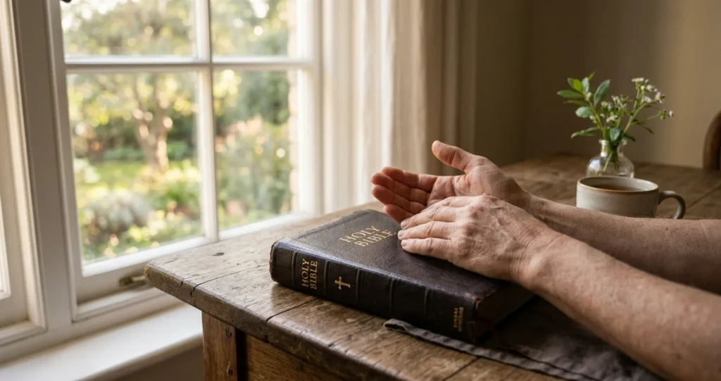 prayer for separation - hands resting on Bible in quiet prayer