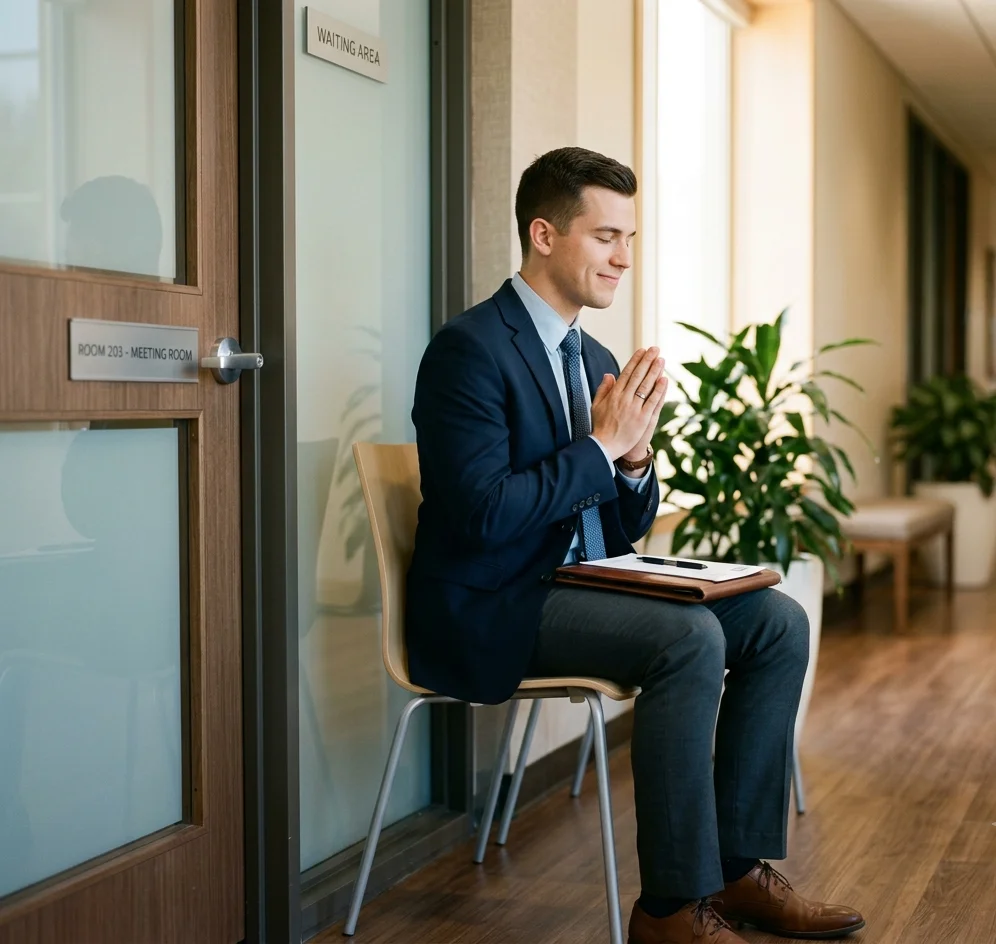 Son praying before a job interview