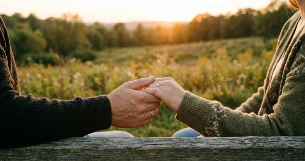Couple holding hands in prayer outdoors at sunset