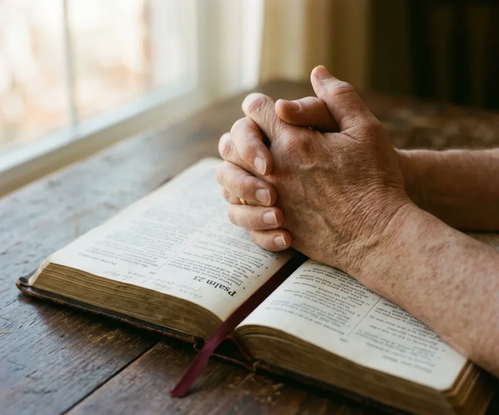 hands clasped in prayer over an open Bible for family blessing